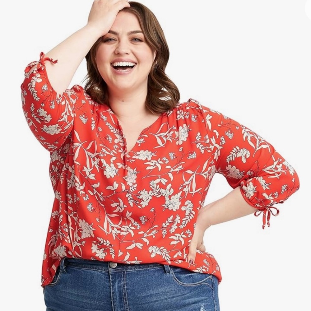 MERI SKYE Stitch Fix Coral Floral 3/4 Sleeve V-Neck Tunic Top Blouse Size 1X